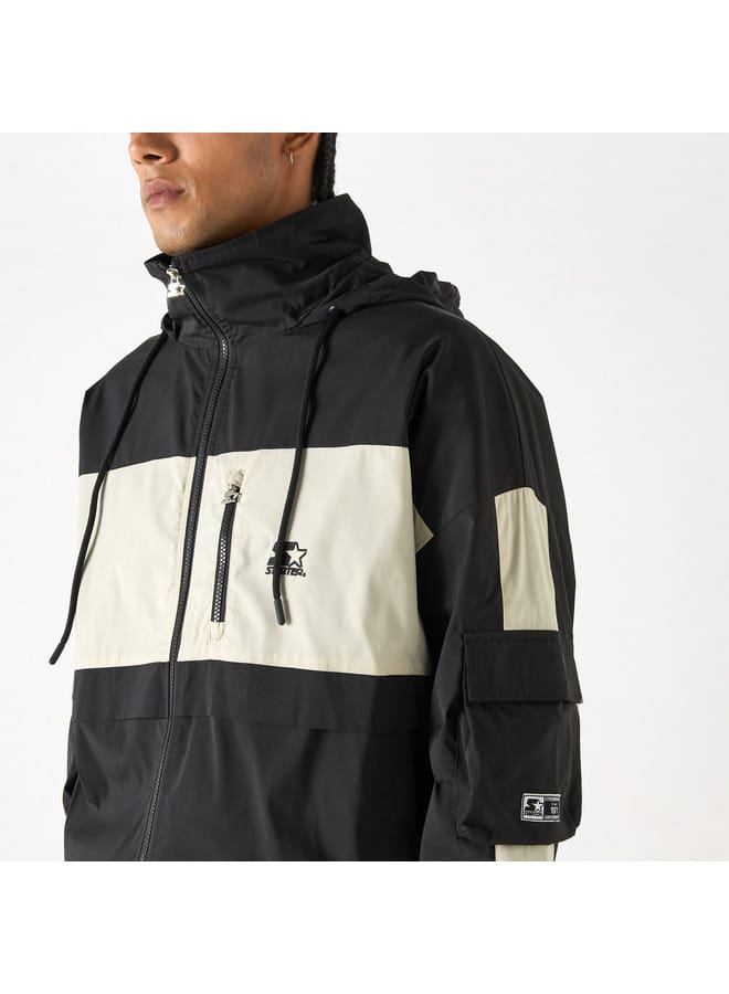 Starter Panel Detail Biker Jacket with Long Sleeves and Hood