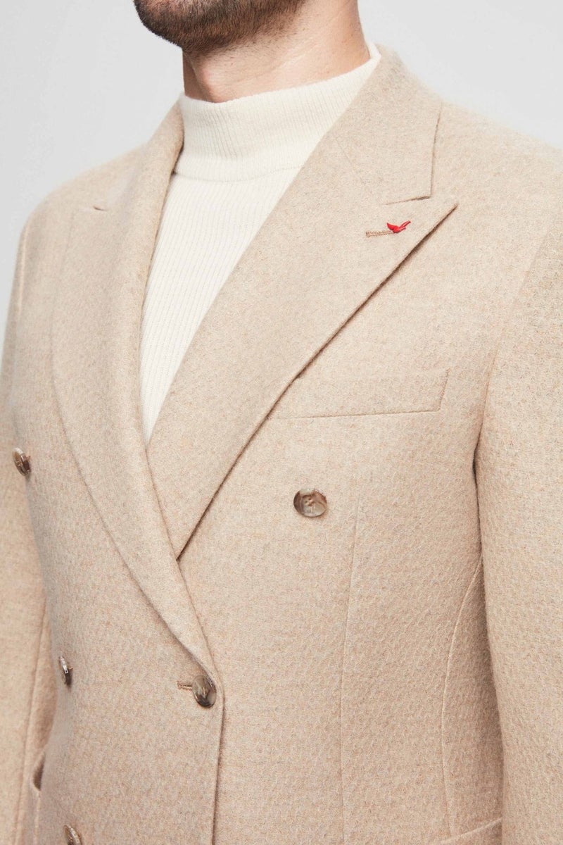 Slim Fit Beige Knitted Double Slit Wool Double Breasted Fabric Jacket