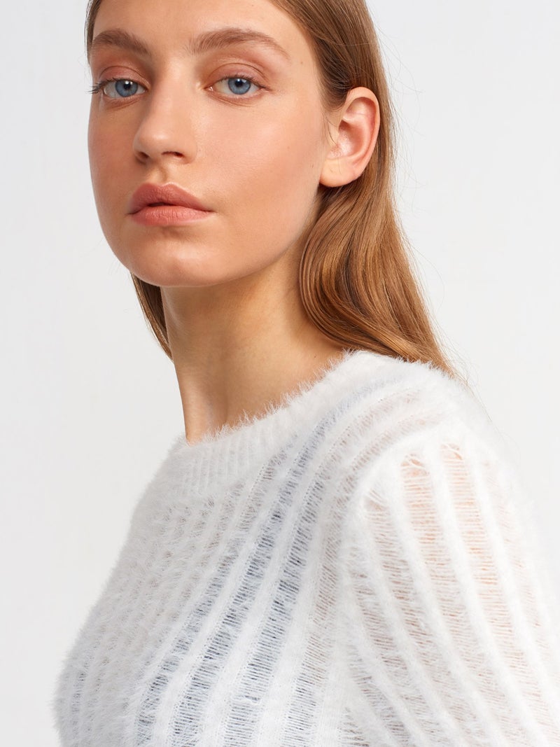 10473 Crew Neck Soft Textured Transparent Sweater-Ecru