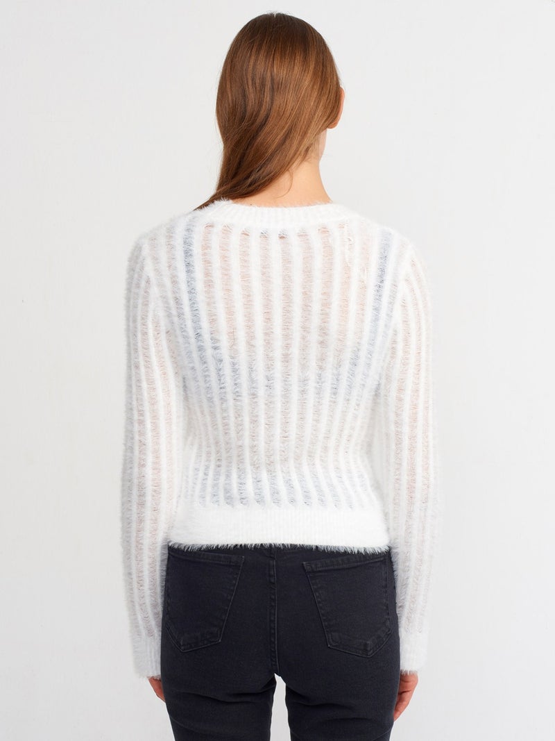 10473 Crew Neck Soft Textured Transparent Sweater-Ecru