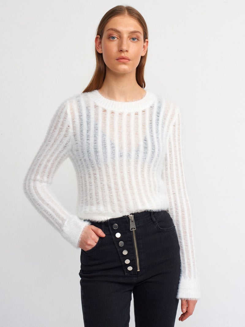 10473 Crew Neck Soft Textured Transparent Sweater-Ecru