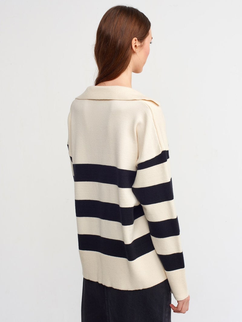 10325 Polo Neck Striped Sweater-Cream-Black