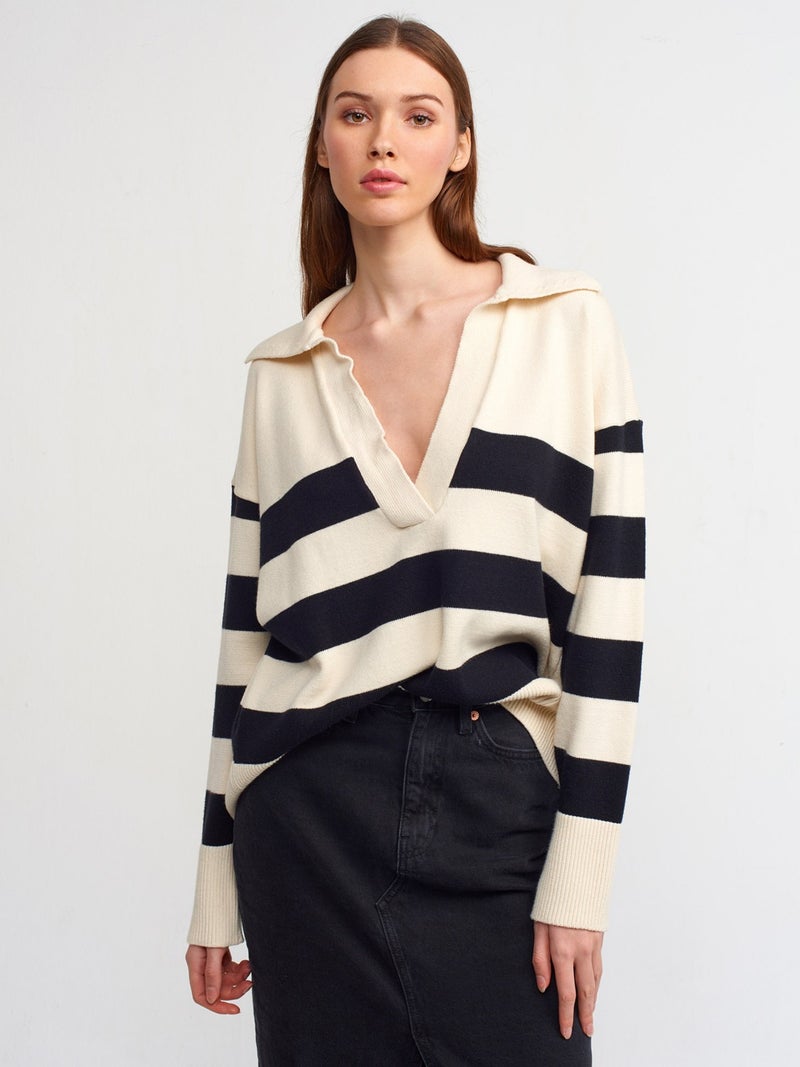 10325 Polo Neck Striped Sweater-Cream-Black