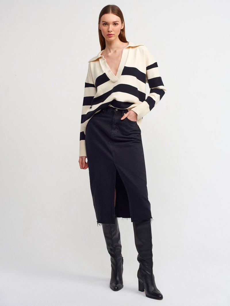 10325 Polo Neck Striped Sweater-Cream-Black