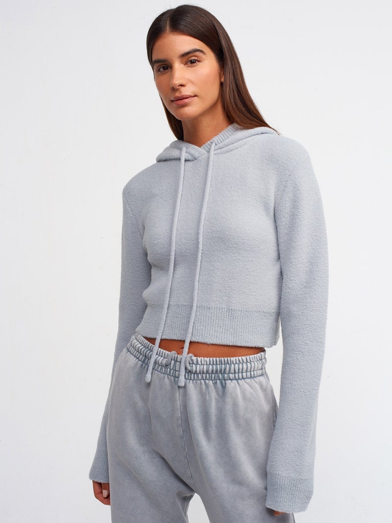 10486 Soft Textured Hooded Crop Sweater-Grey