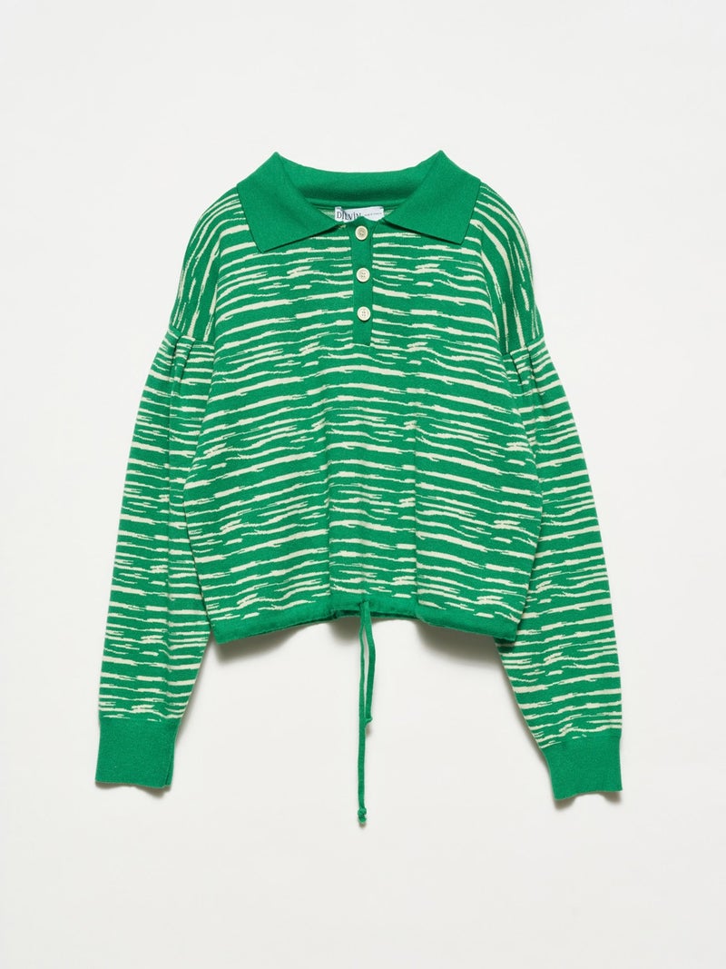 10318 Polo Collar Buttoned Sweater-Green-N.