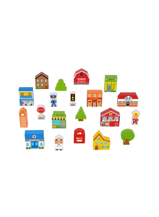 Wooden Case Town Playset (21 Pieces)