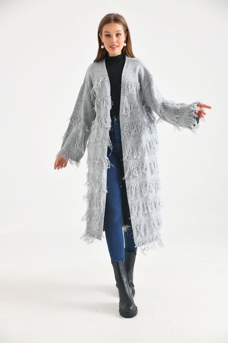 Women's Tassel Detail Long Coat Gray