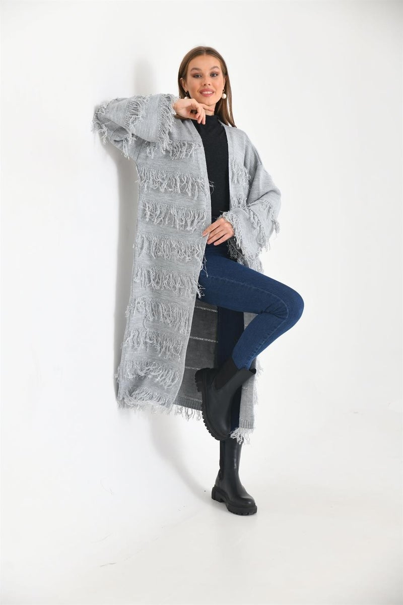 Women's Tassel Detail Long Coat Gray