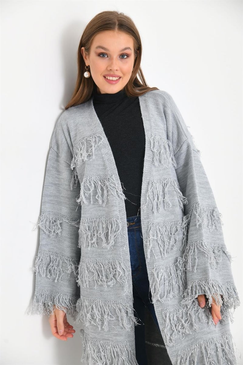 Women's Tassel Detail Long Coat Gray