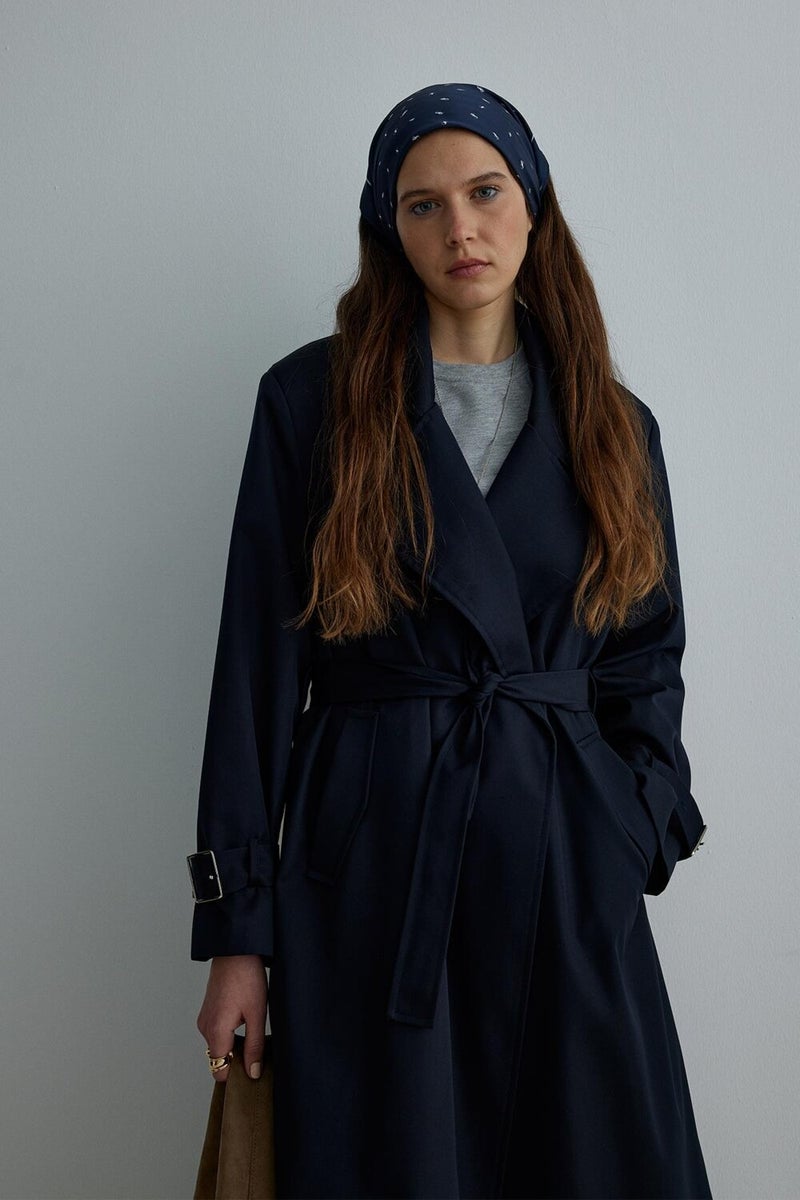 Navy Blue Rowe Gabardine Trench Coat