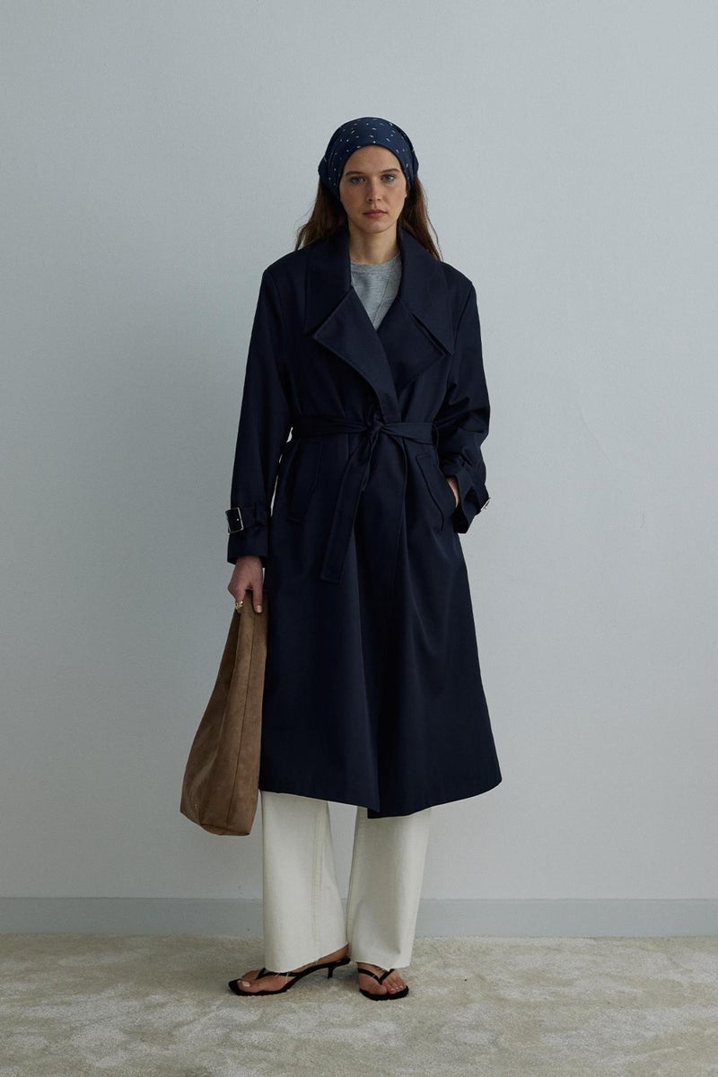 Navy Blue Rowe Gabardine Trench Coat