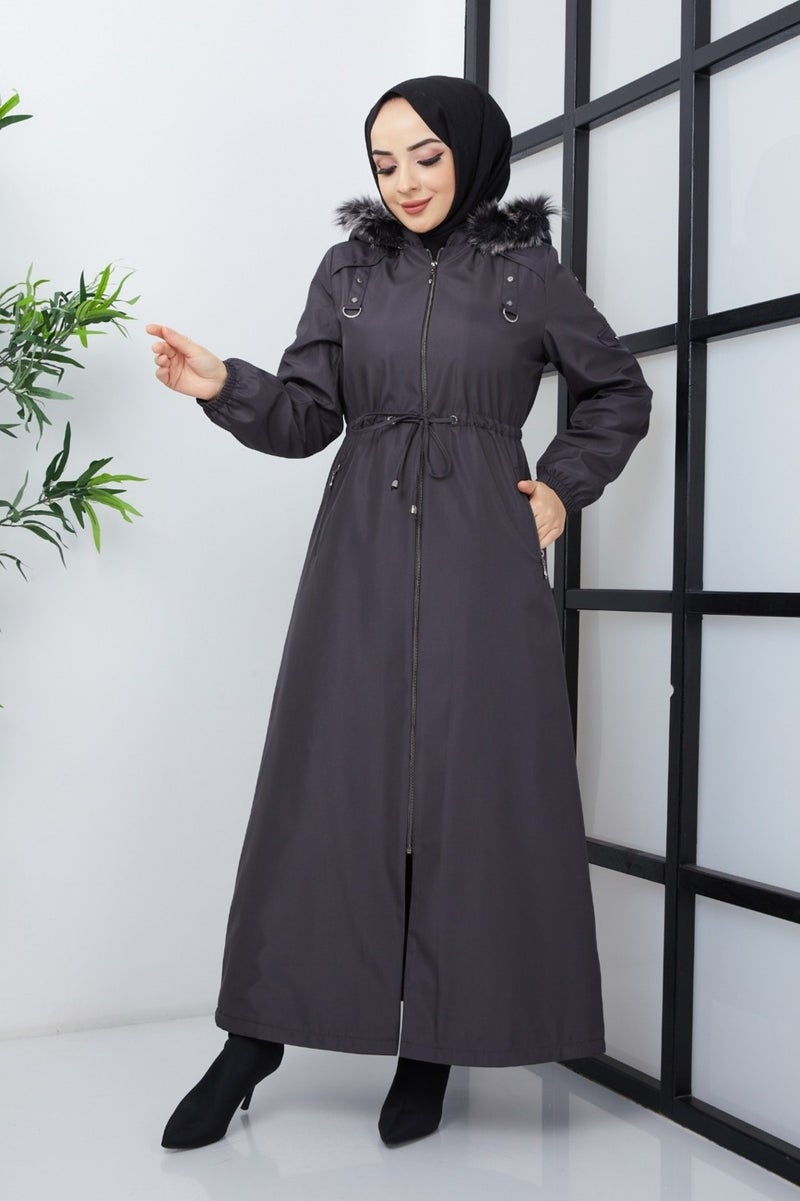 KMK Combined Patterned Waist Belted Under Lining Fiber Hat Furry Long Coat & Jacket