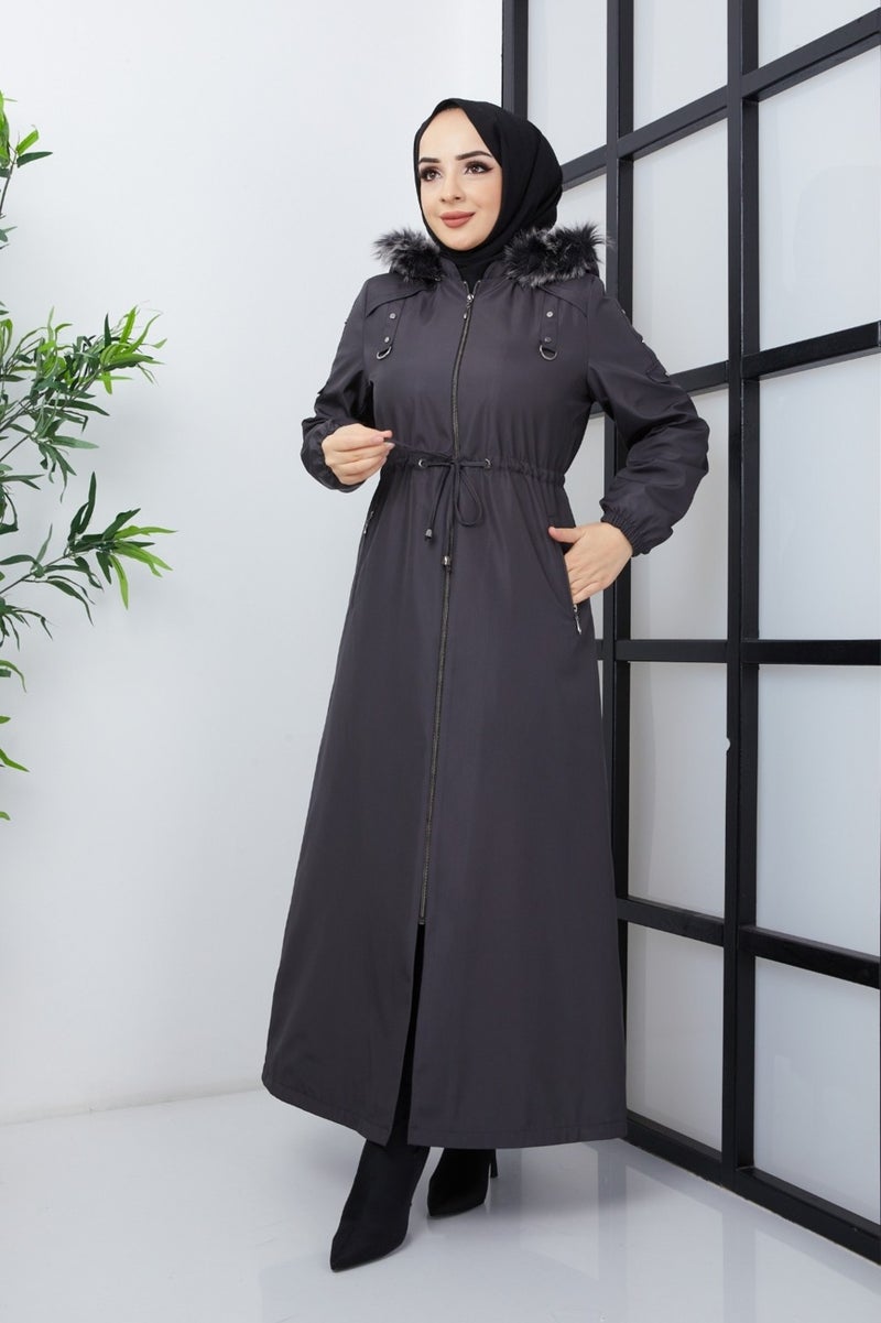 KMK Combined Patterned Waist Belted Under Lining Fiber Hat Furry Long Coat & Jacket