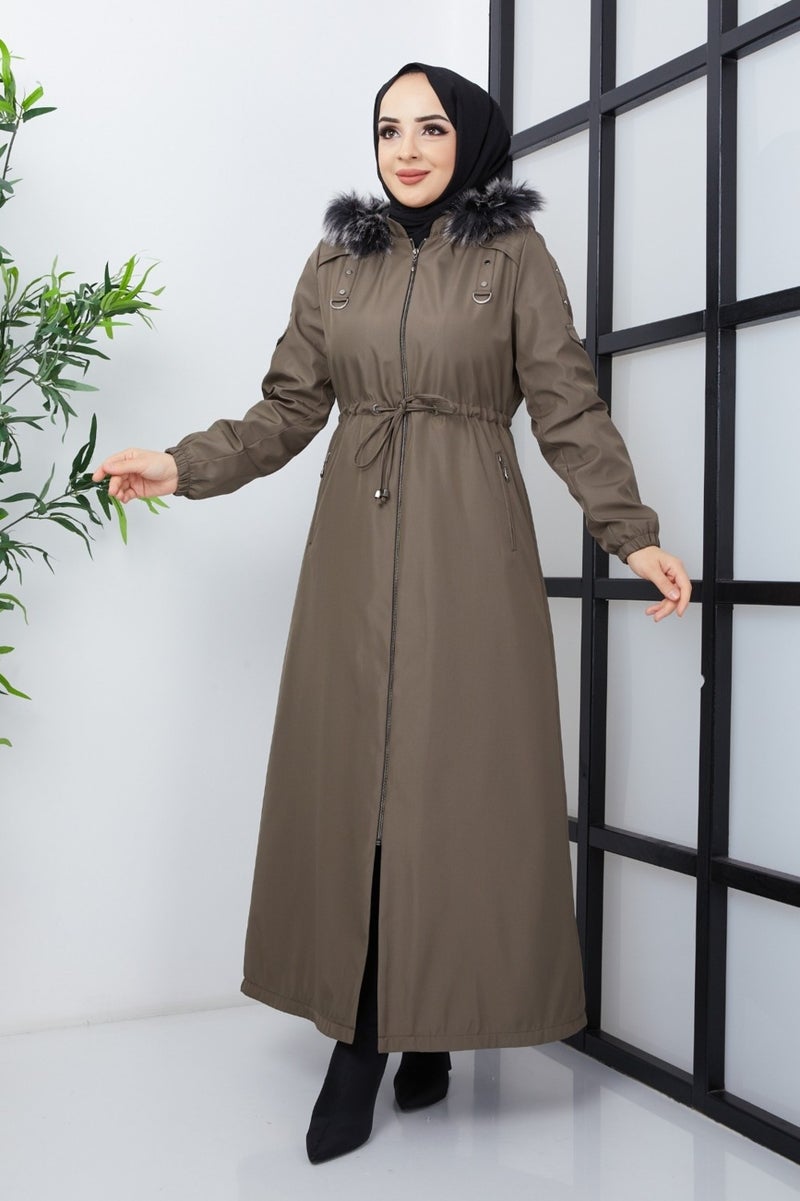 KMK Combined Patterned Waist Belted Under Lining Fiber Hat Furry Long Coat & Jacket