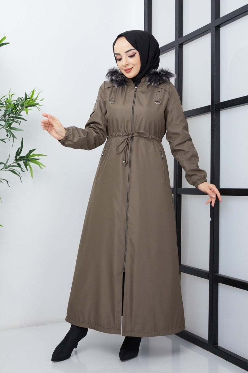 KMK Combined Patterned Waist Belted Under Lining Fiber Hat Furry Long Coat & Jacket