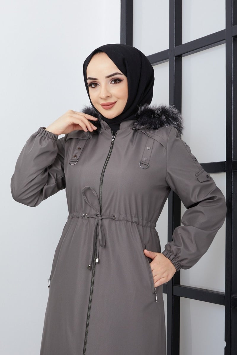 KMK Combined Patterned Waist Belted Under Lining Fiber Hat Furry Long Coat & Jacket