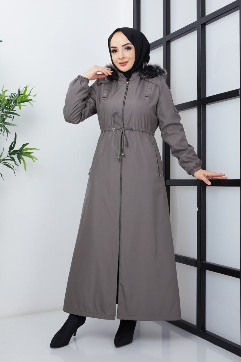 KMK Combined Patterned Waist Belted Under Lining Fiber Hat Furry Long Coat & Jacket