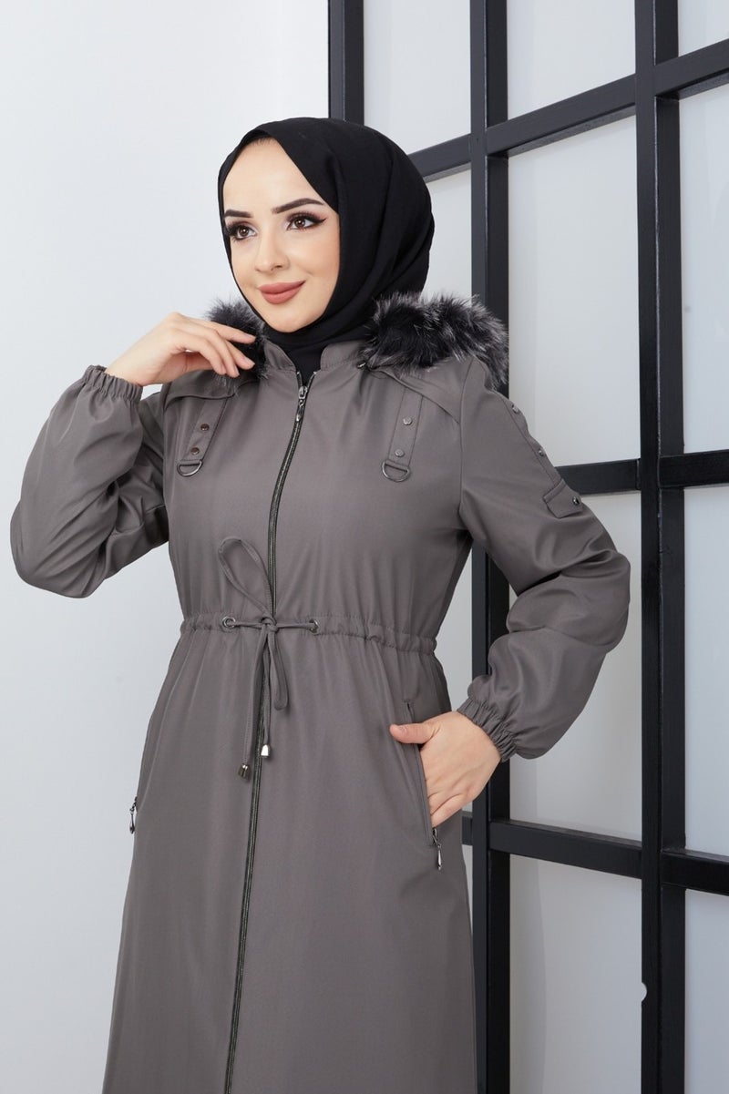 KMK Combined Patterned Waist Belted Under Lining Fiber Hat Furry Long Coat & Jacket