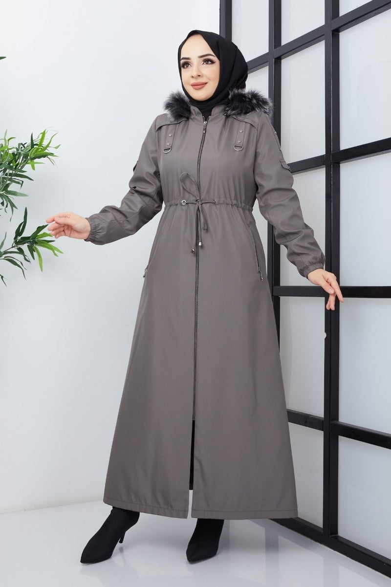 KMK Combined Patterned Waist Belted Under Lining Fiber Hat Furry Long Coat & Jacket