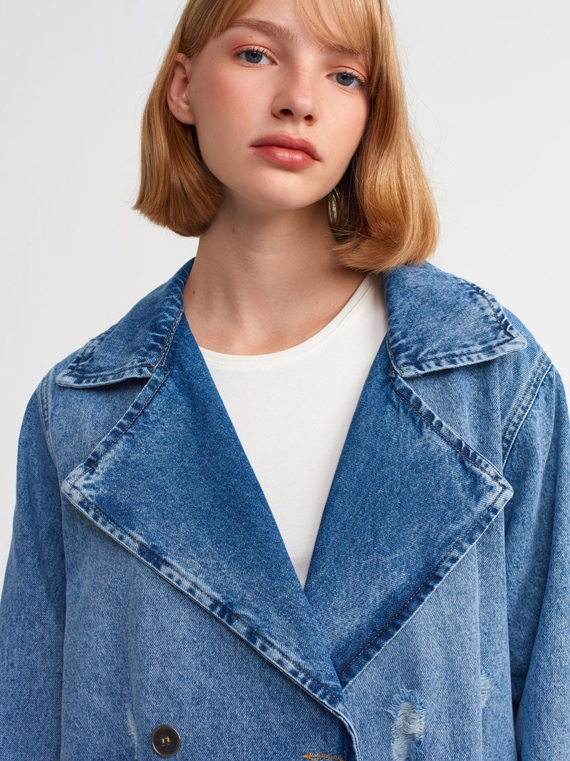 65336 Metal Buttoned Denim Trench Coat-Blue