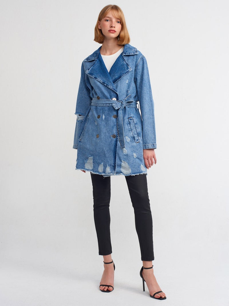 65336 Metal Buttoned Denim Trench Coat-Blue