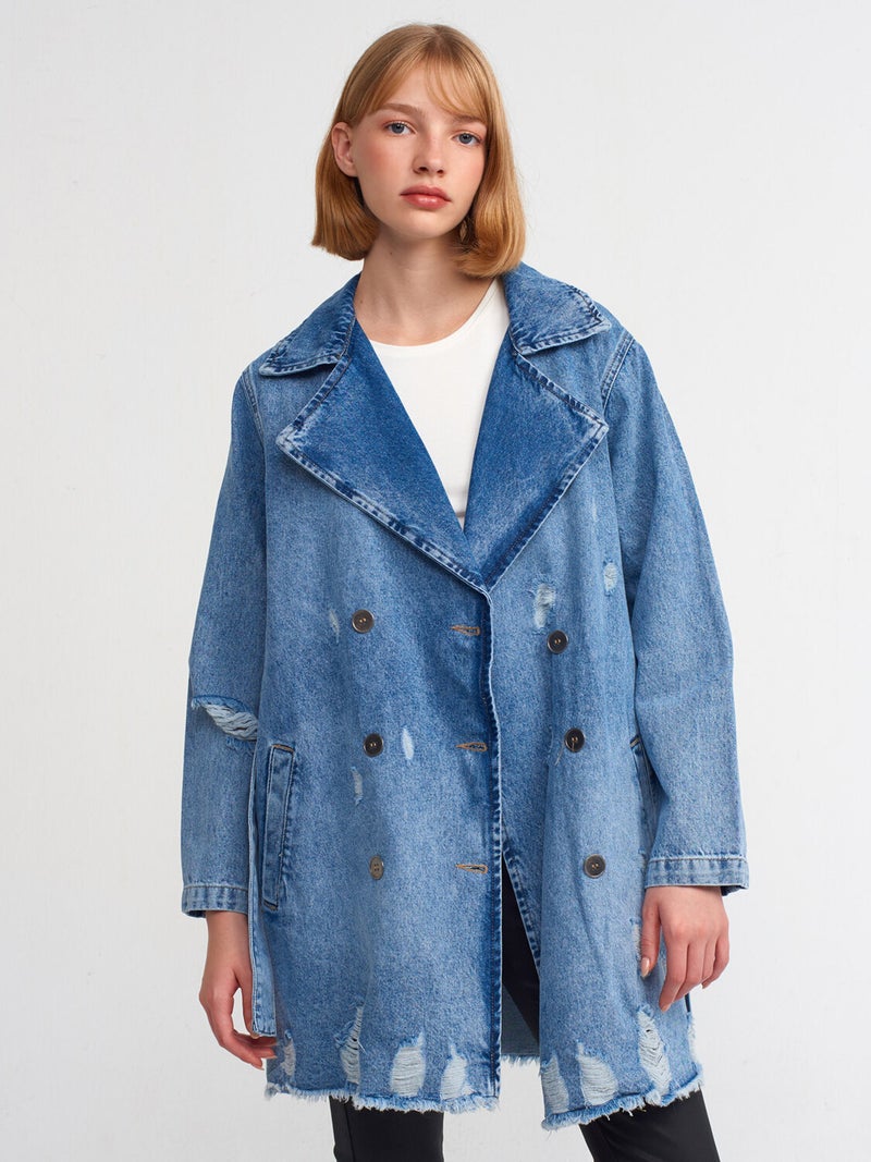 65336 Metal Buttoned Denim Trench Coat-Blue