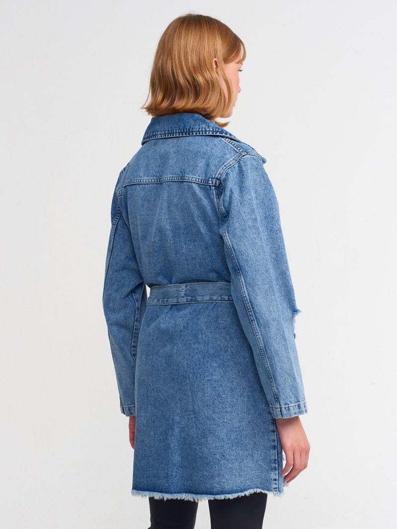 65336 Metal Buttoned Denim Trench Coat-Blue