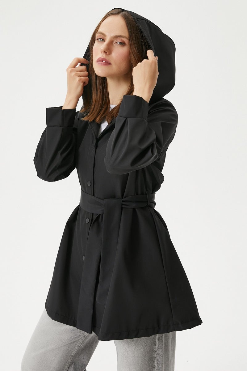 Women's Trendy Hooded Snap-On Black Trench Coat