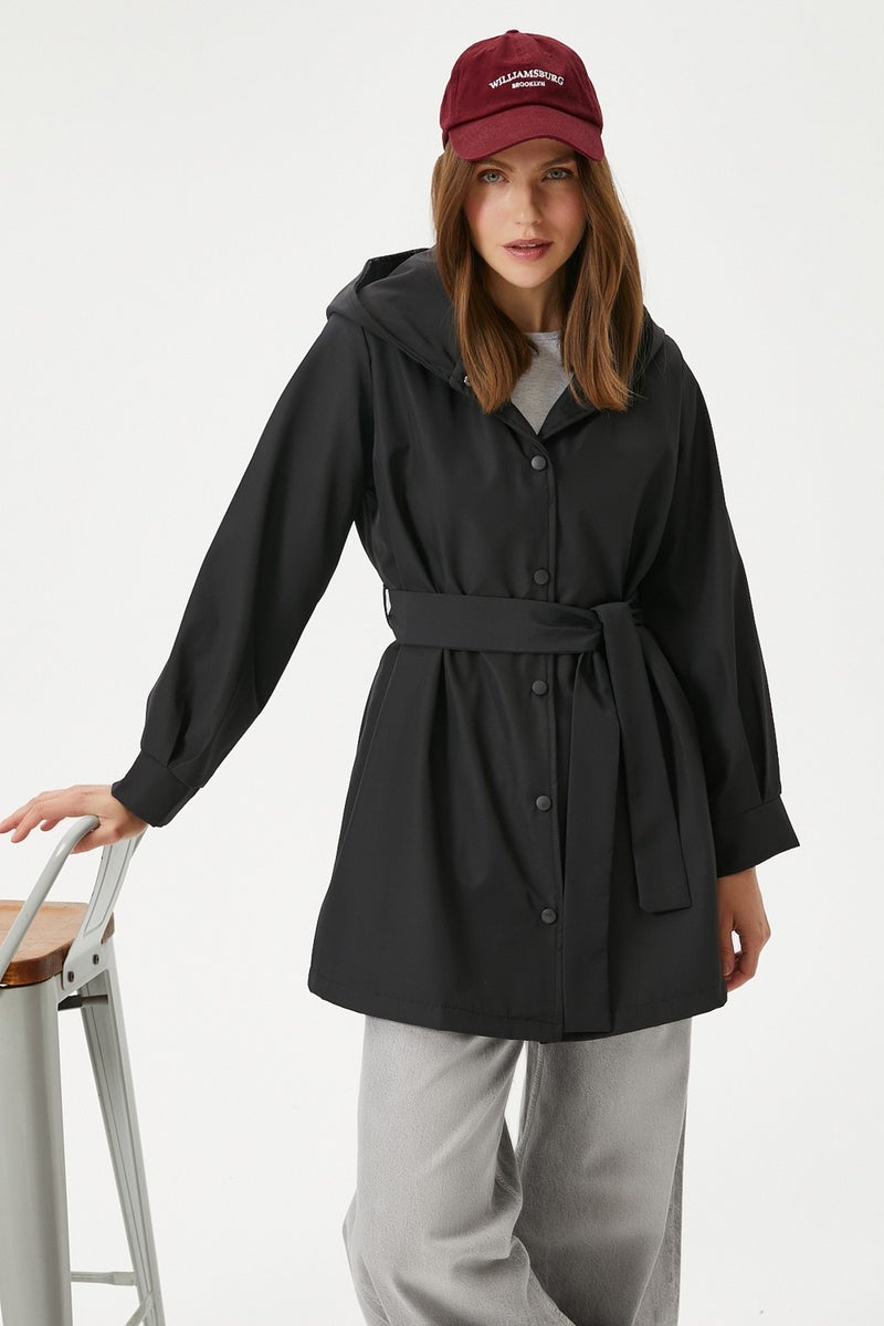 Women's Trendy Hooded Snap-On Black Trench Coat