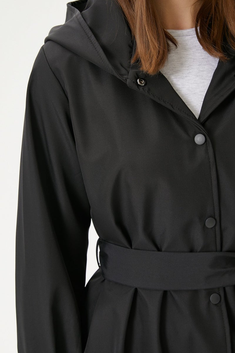 Women's Trendy Hooded Snap-On Black Trench Coat