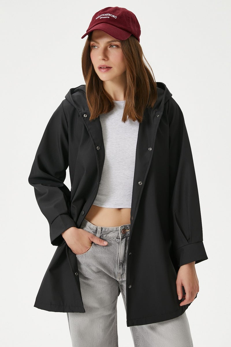 Women's Trendy Hooded Snap-On Black Trench Coat