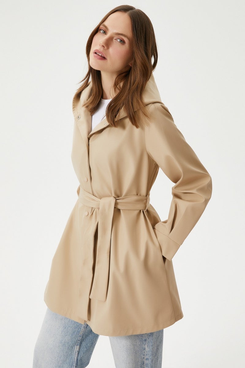 Women's Trendy Hooded Snap-On Beige Trench Coat