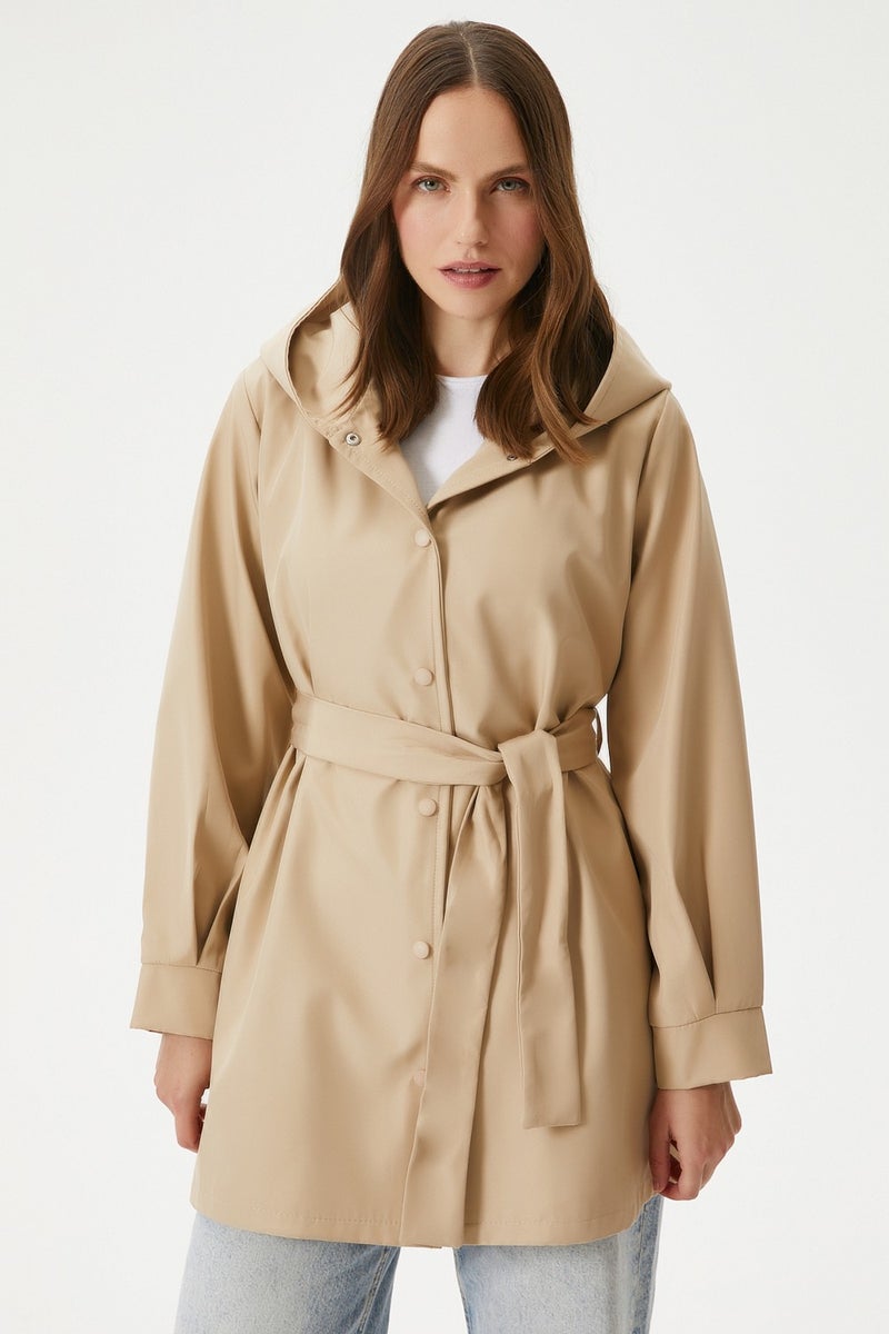 Women's Trendy Hooded Snap-On Beige Trench Coat