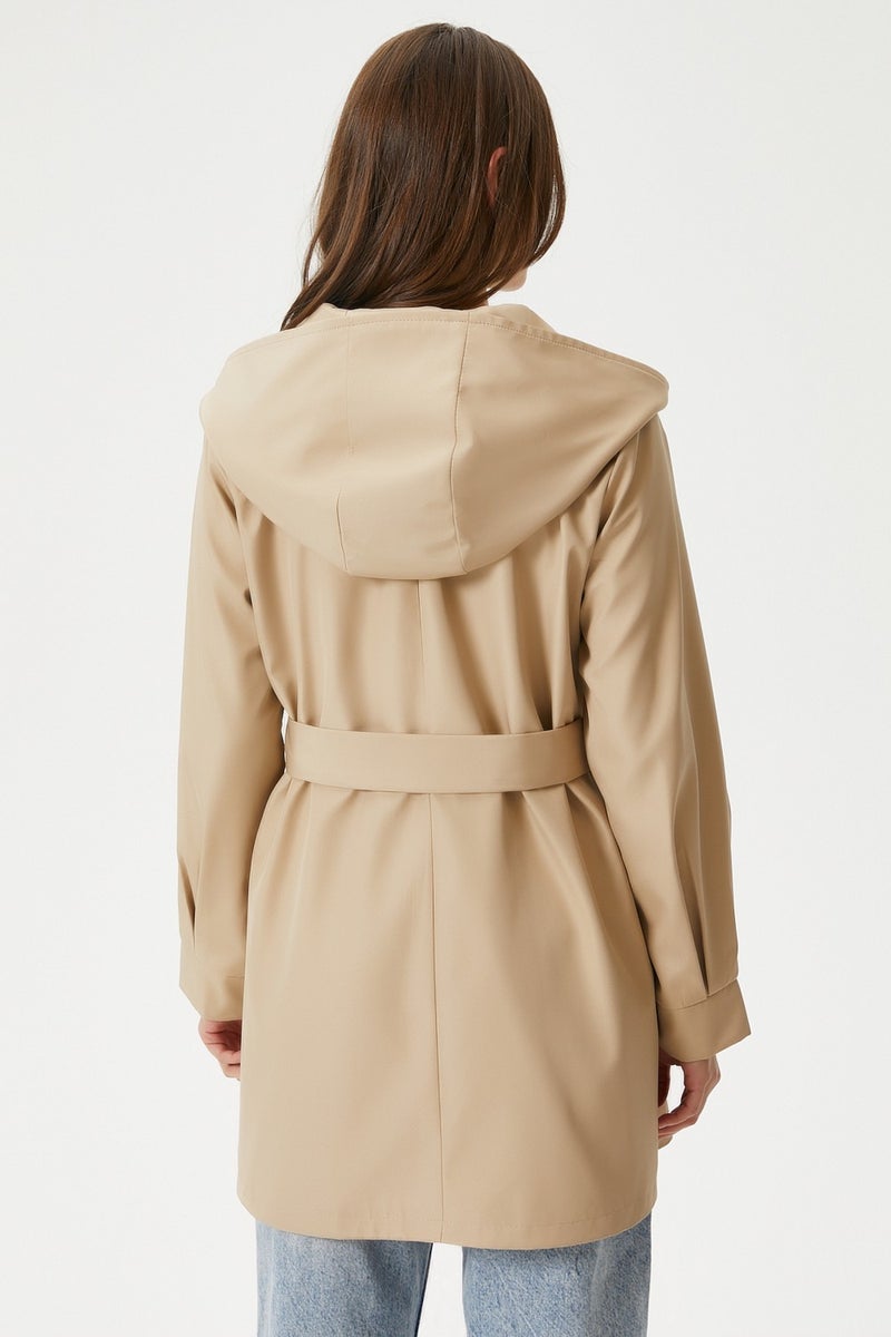 Women's Trendy Hooded Snap-On Beige Trench Coat