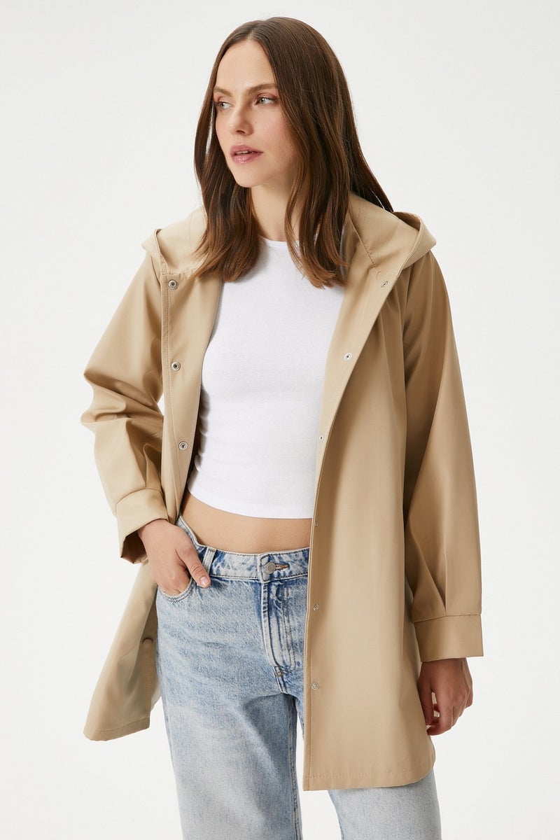 Women's Trendy Hooded Snap-On Beige Trench Coat