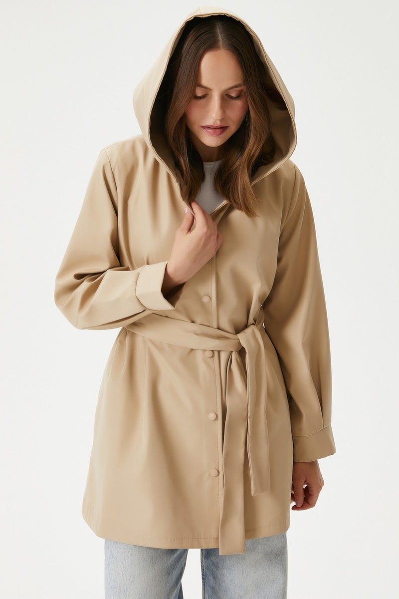 Women's Trendy Hooded Snap-On Beige Trench Coat