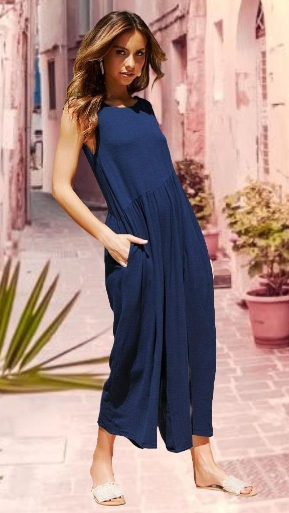 Linen Summer Casual Backless Casual Women's Jumpsuit NAVY BLUE14LN212