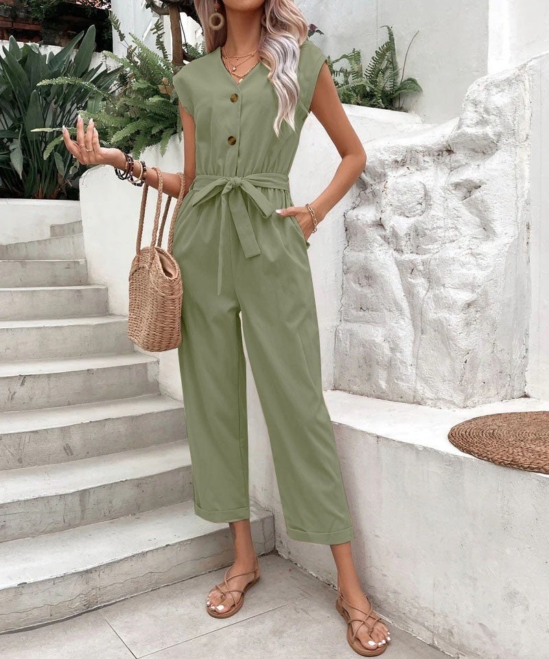 Linen Women's V-Neck Single Breasted Sleeveless Jumpsuit LN28HAKI8