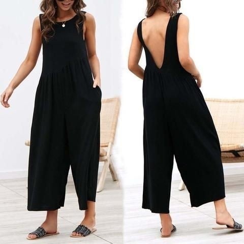 Linen Summer Casual Backless Casual Women's Jumpsuit LN212SIYAH16