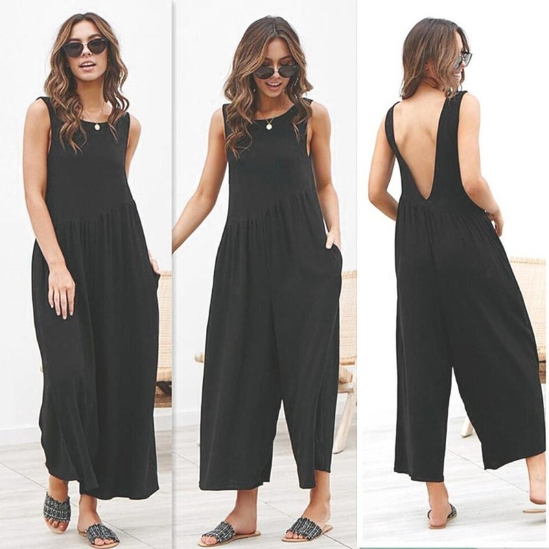 Linen Summer Casual Backless Casual Women's Jumpsuit LN212SIYAH16