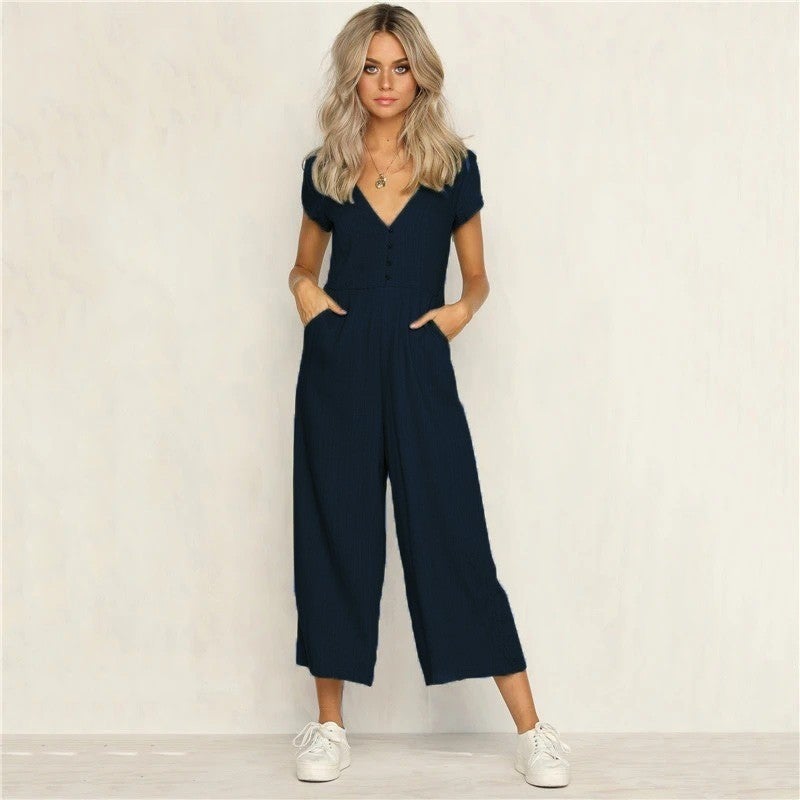 Bürümcük Daily Summer V-Neck Short Leg Design Women's Jumpsuit BT10LACIVERT1