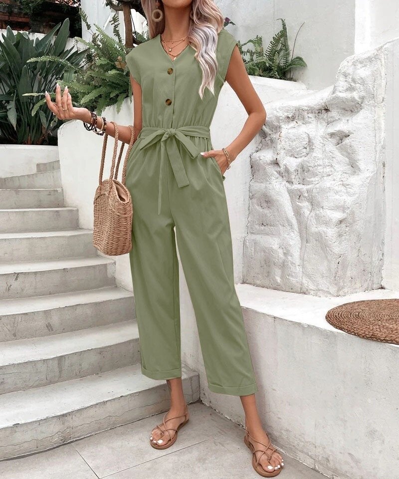 Linen Women's V-Neck Single Breasted Sleeveless Jumpsuit LN28HAKI12