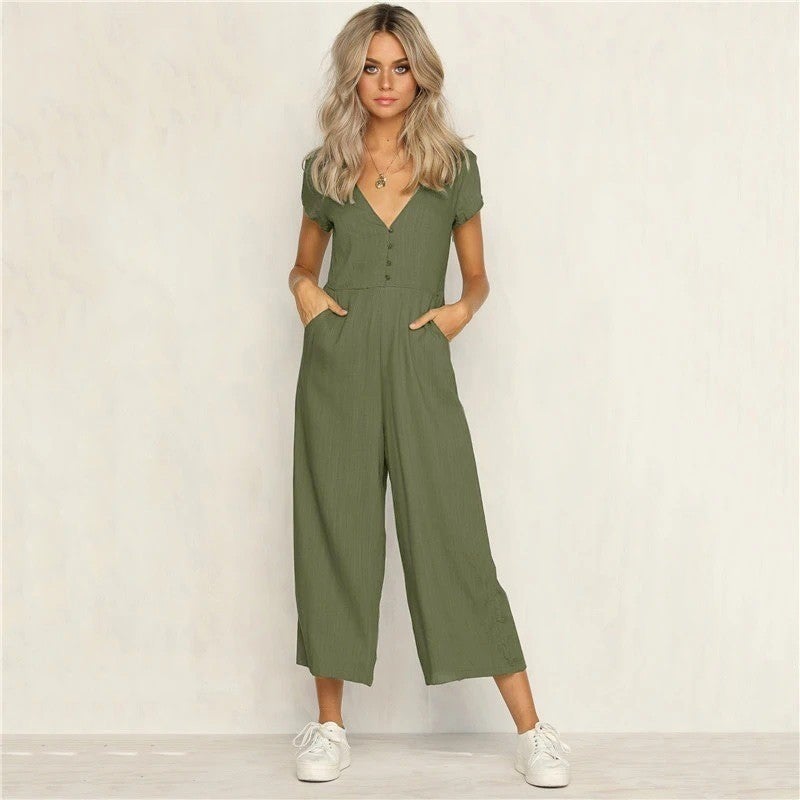 Linen Daily Summer V-Neck Short Leg Design Women's Jumpsuit LN1010KOYUHAKI1