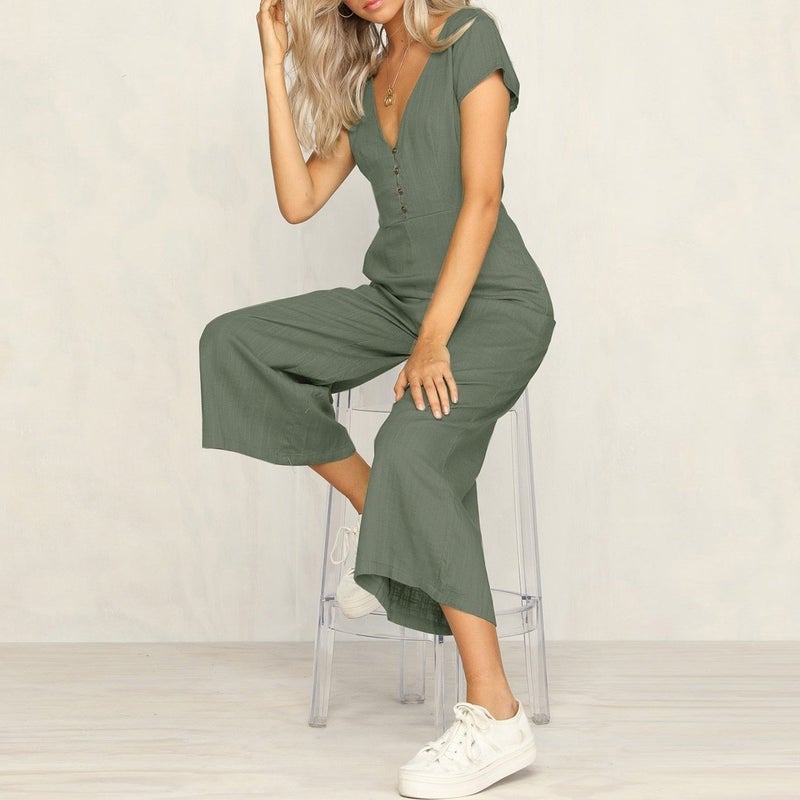 Linen Daily Summer V-Neck Short Leg Design Women's Jumpsuit LN1010KOYUHAKI1