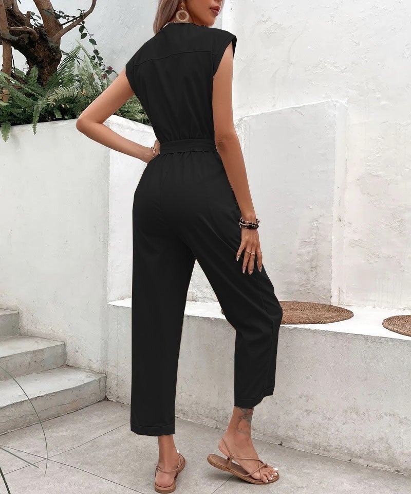 Barbora Linen Women's V-Neck Single Breasted Sleeveless Jumpsuit LN28BLACK