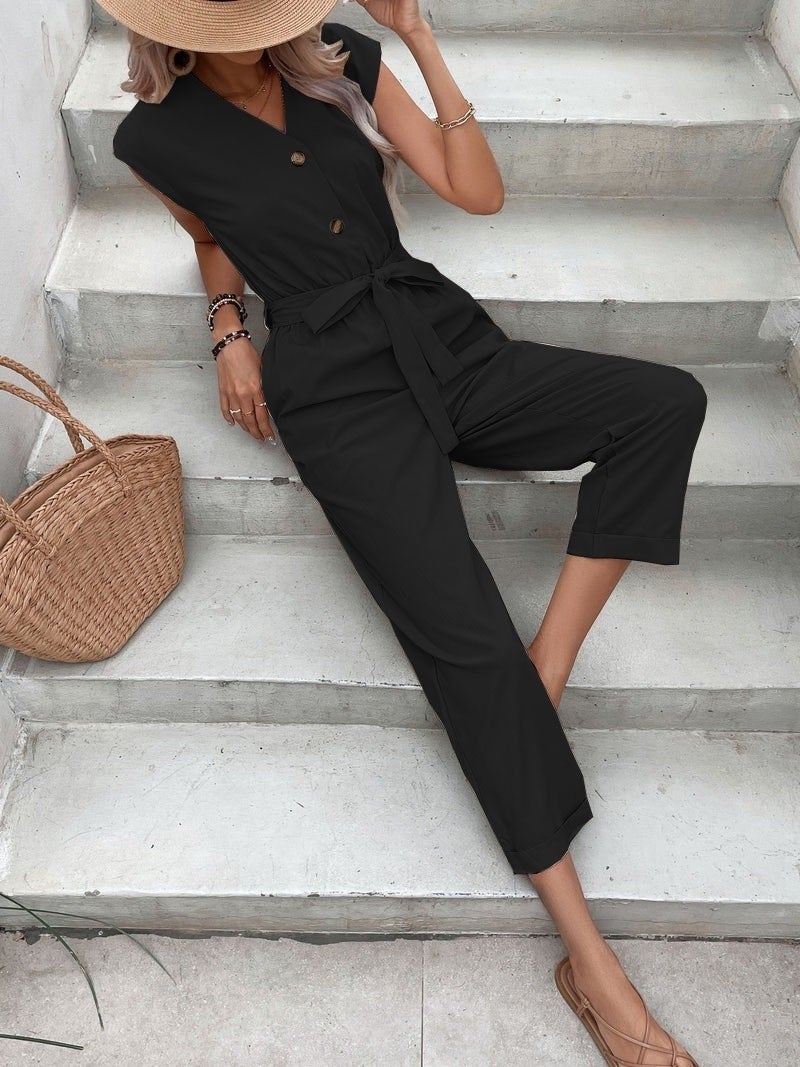 Barbora Linen Women's V-Neck Single Breasted Sleeveless Jumpsuit LN28BLACK