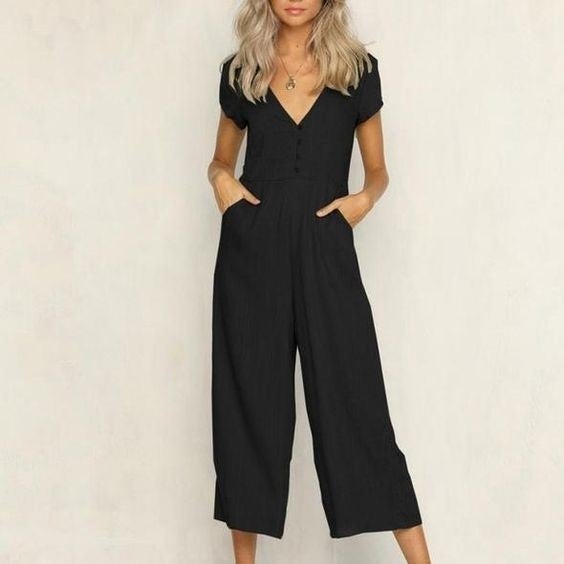 Linen Casual Summer V Neck Short Leg Design Women's Jumpsuit LN1010BLACK1