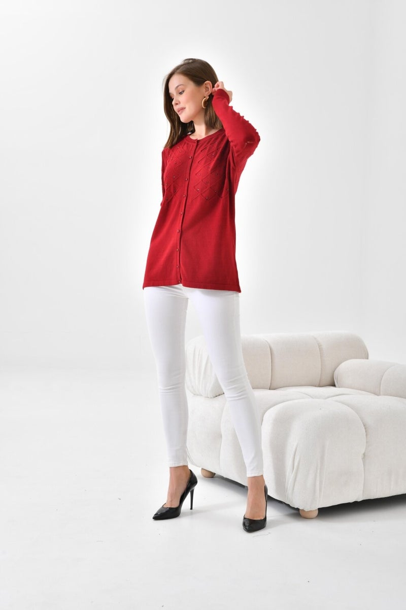 Pearl Detailed Cardigan Claret Red