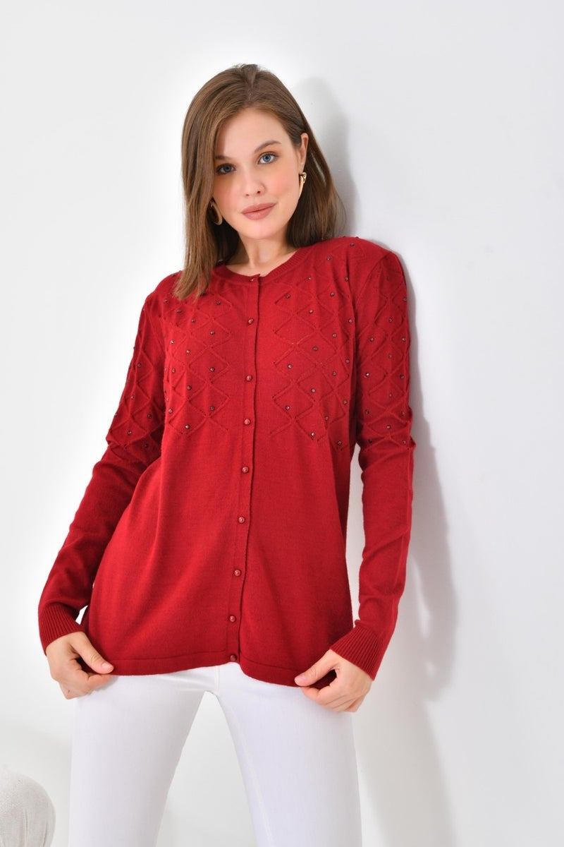 Pearl Detailed Cardigan Claret Red